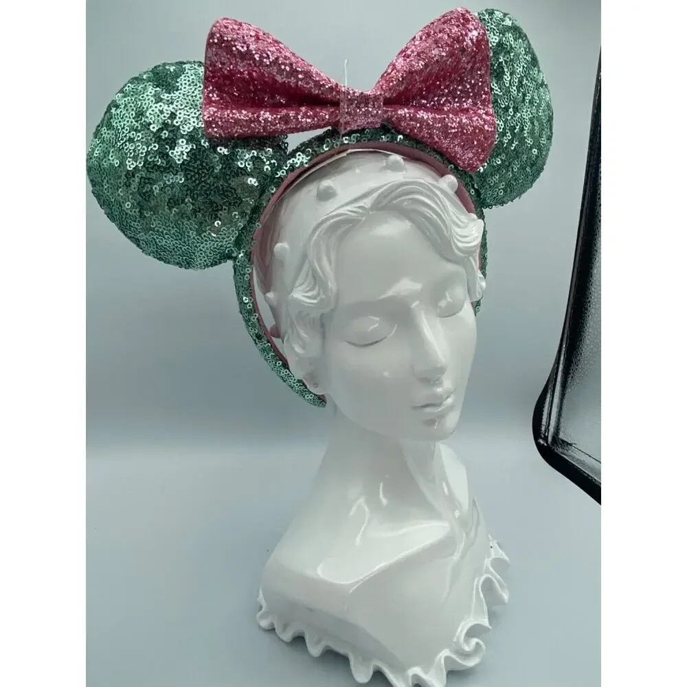 Genuine Disney Park Sequin Mint Green Ears Pink Bow Minnie Mickey Mouse Headband